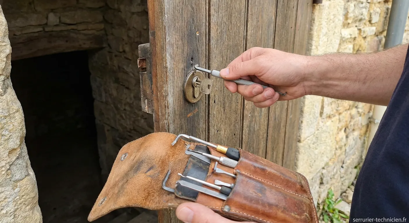 Porte de cave en bois avec une serrure ancienne verrouillée