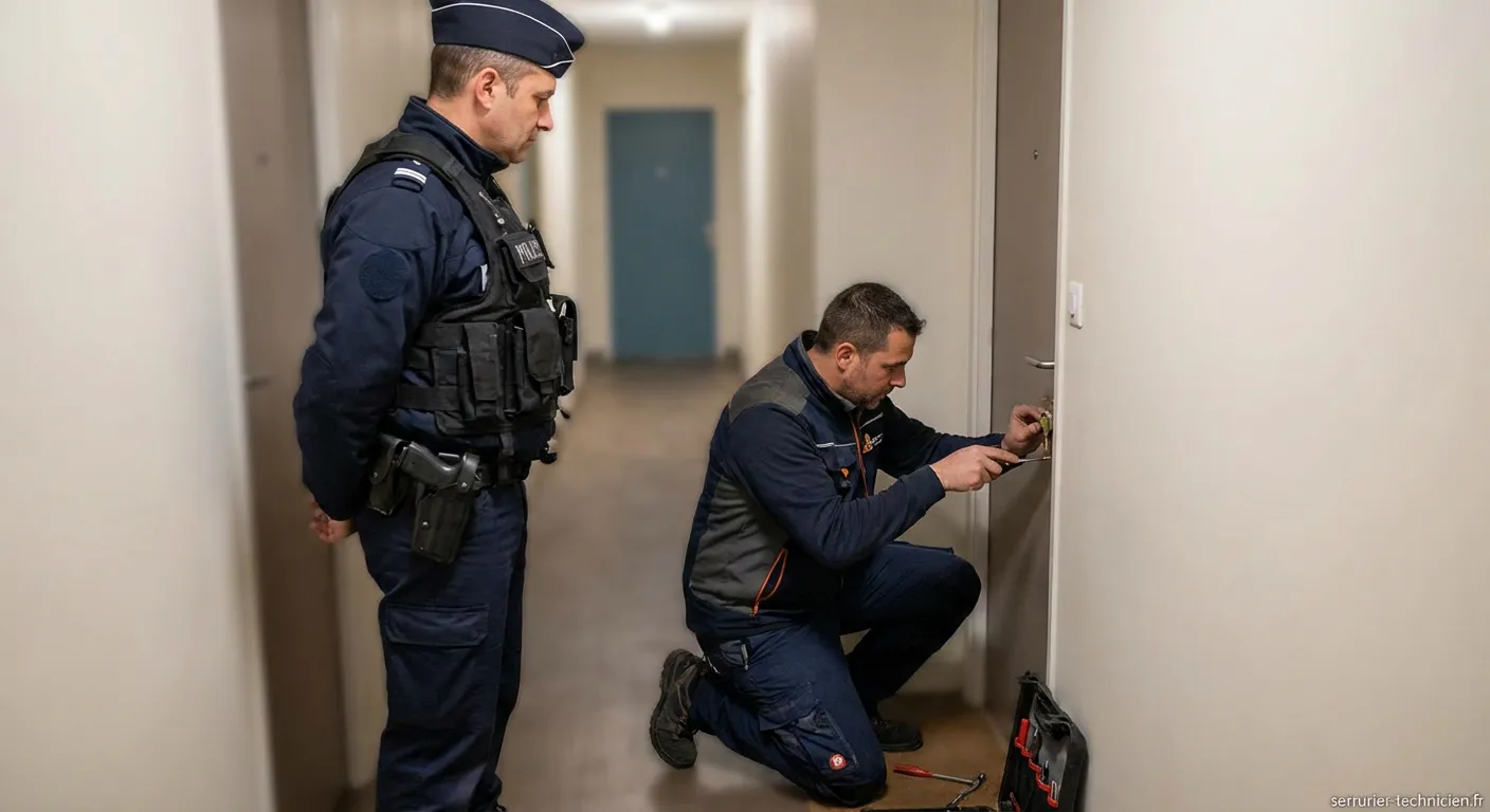 Serrurier ouvrant une porte pour accompagnement services ordre
