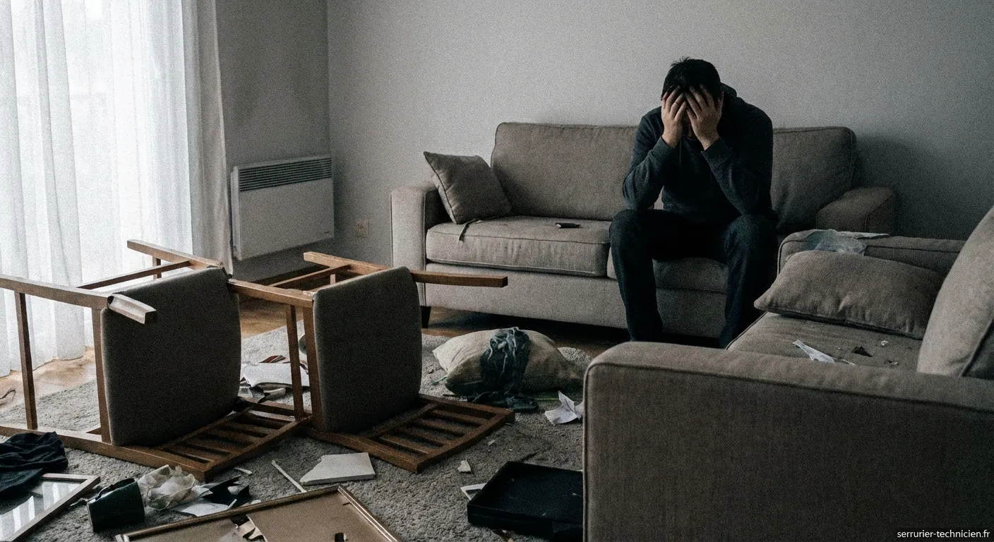 Femme inquiète regardant par la fenêtre après un cambriolage traumatisant