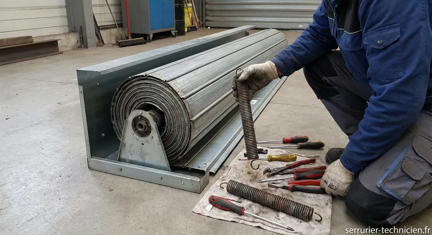 Axe de rideau métallique démonté pour changer le ressort cassé