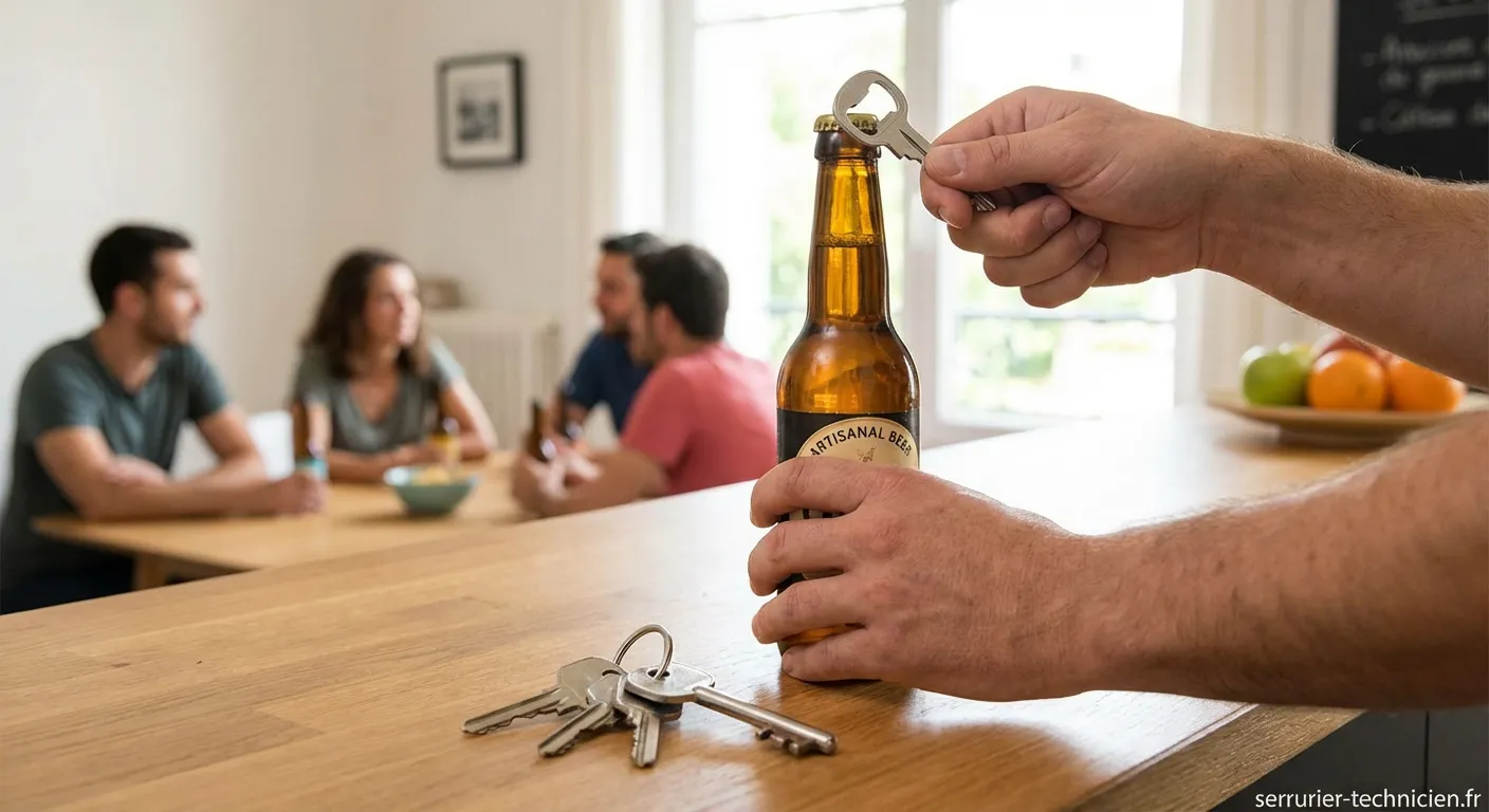 Clé décapsuleur gadget en acier inoxydable sur un trousseau