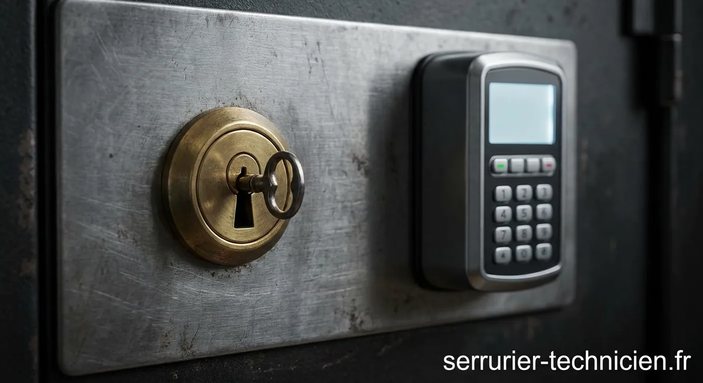 Coffre-fort ouvert montrant une serrure électronique et un jeu de clés de sécurité