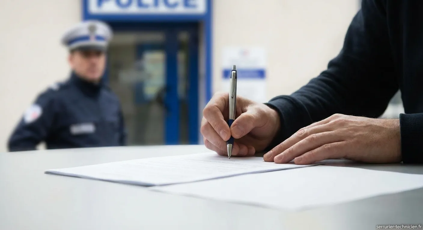 Personne remplissant un formulaire pour porter plainte pour escroquerie au commissariat