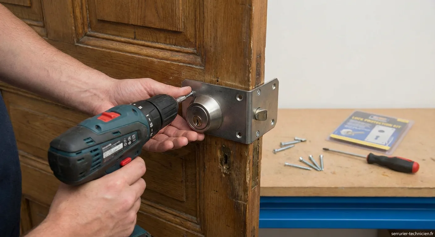 Installation d'une plaque de protection anti-perçage sur une serrure de porte