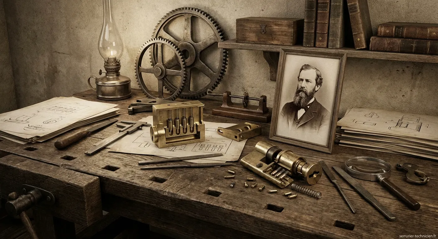 Portrait de Linus Yale Jr et schéma technique du cylindre à goupilles