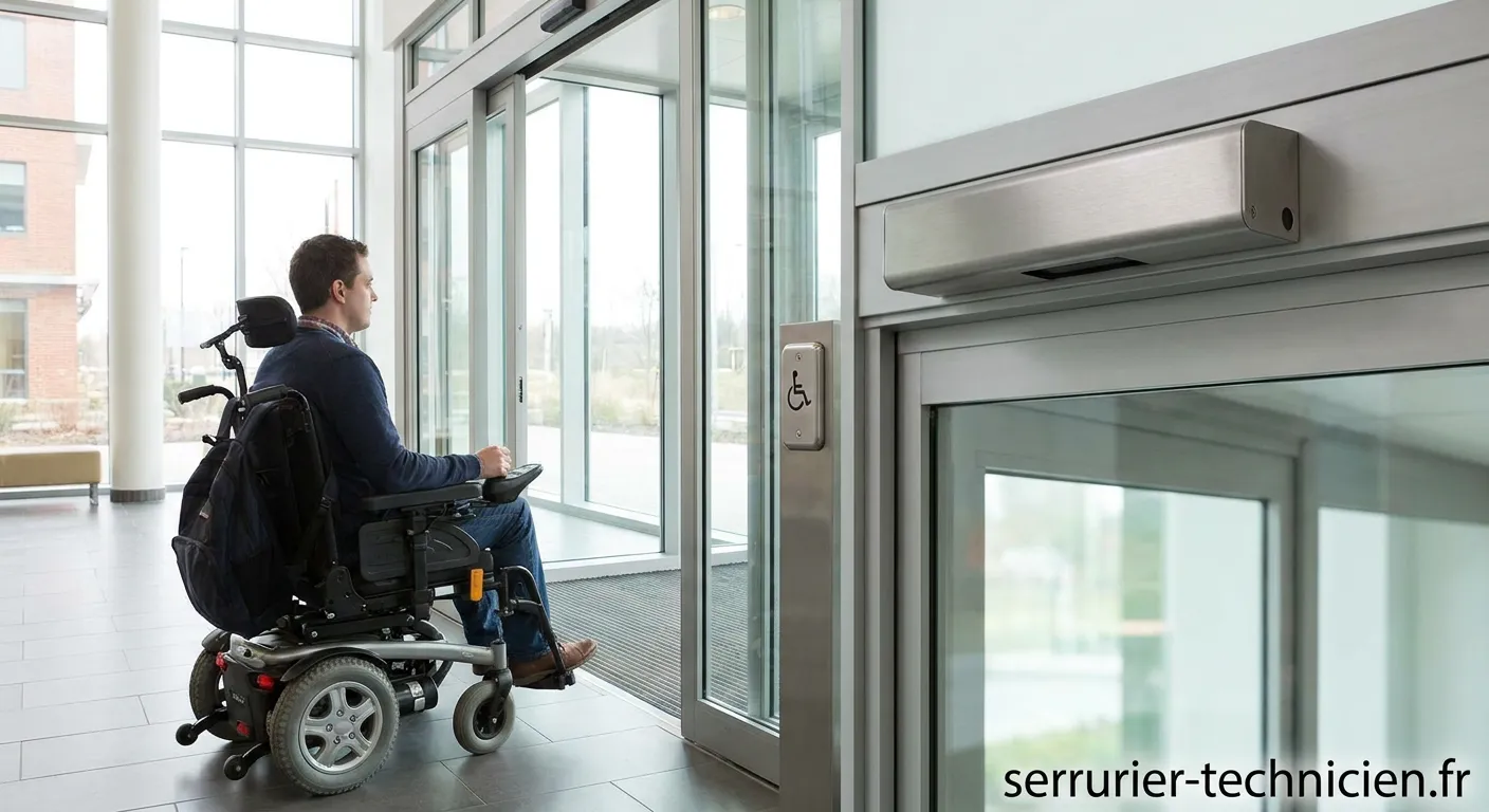 Ouvre-porte automatique pour handicapés installé sur une porte d'entrée