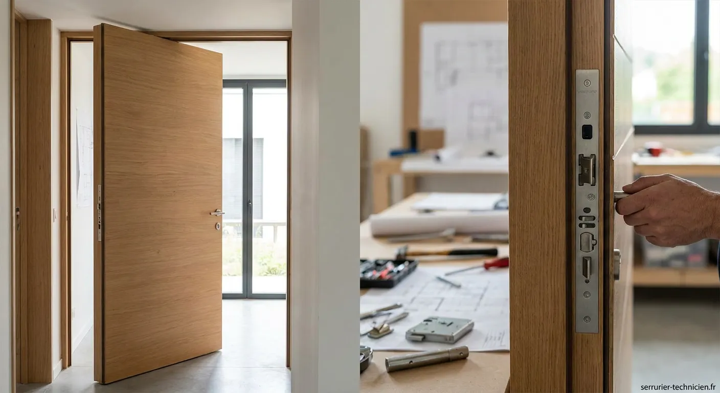 Mécanisme serrure multipoints installé sur porte pivotante