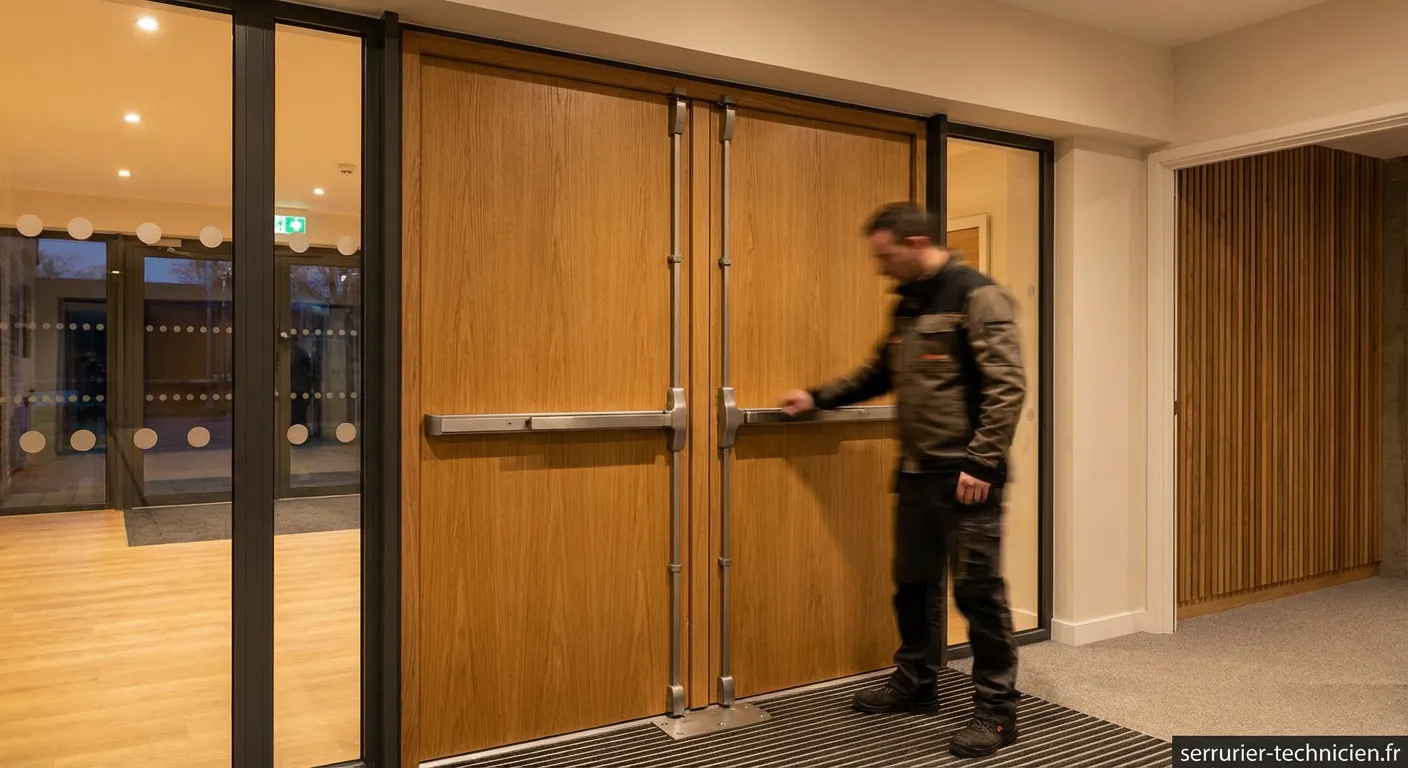 Protection métallique et serrure spéciale pour porte va-et-vient