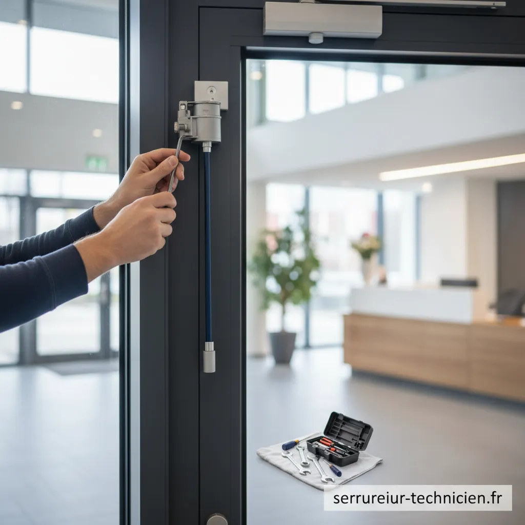 Gros plan sur les vis de réglage d'un ferme-porte hydraulique (groom)