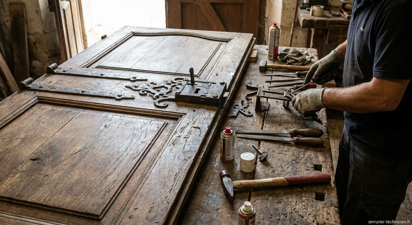 Artisan serrurier restaurant une porte ancienne avec ses outils traditionnels