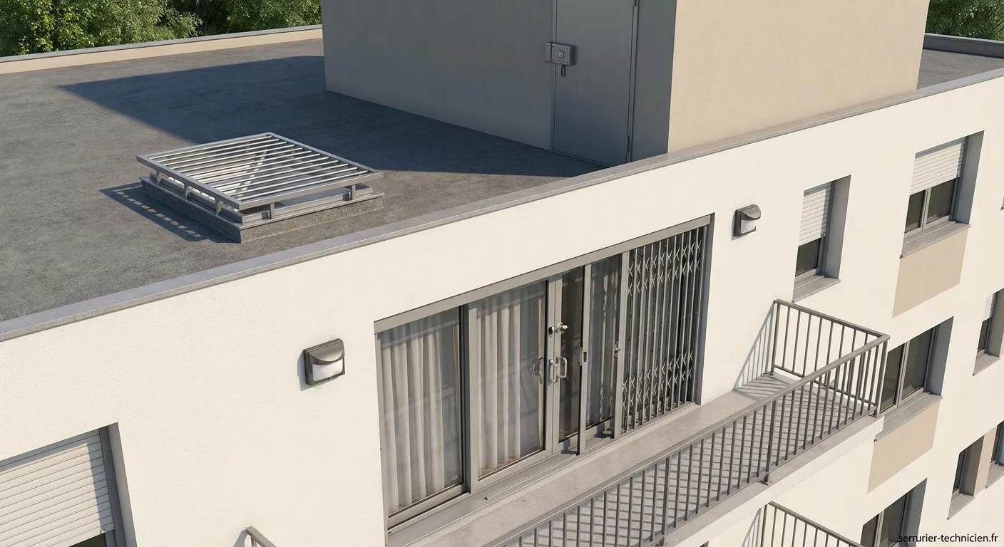 Serrurier installant des dispositifs de sécurité sur un balcon