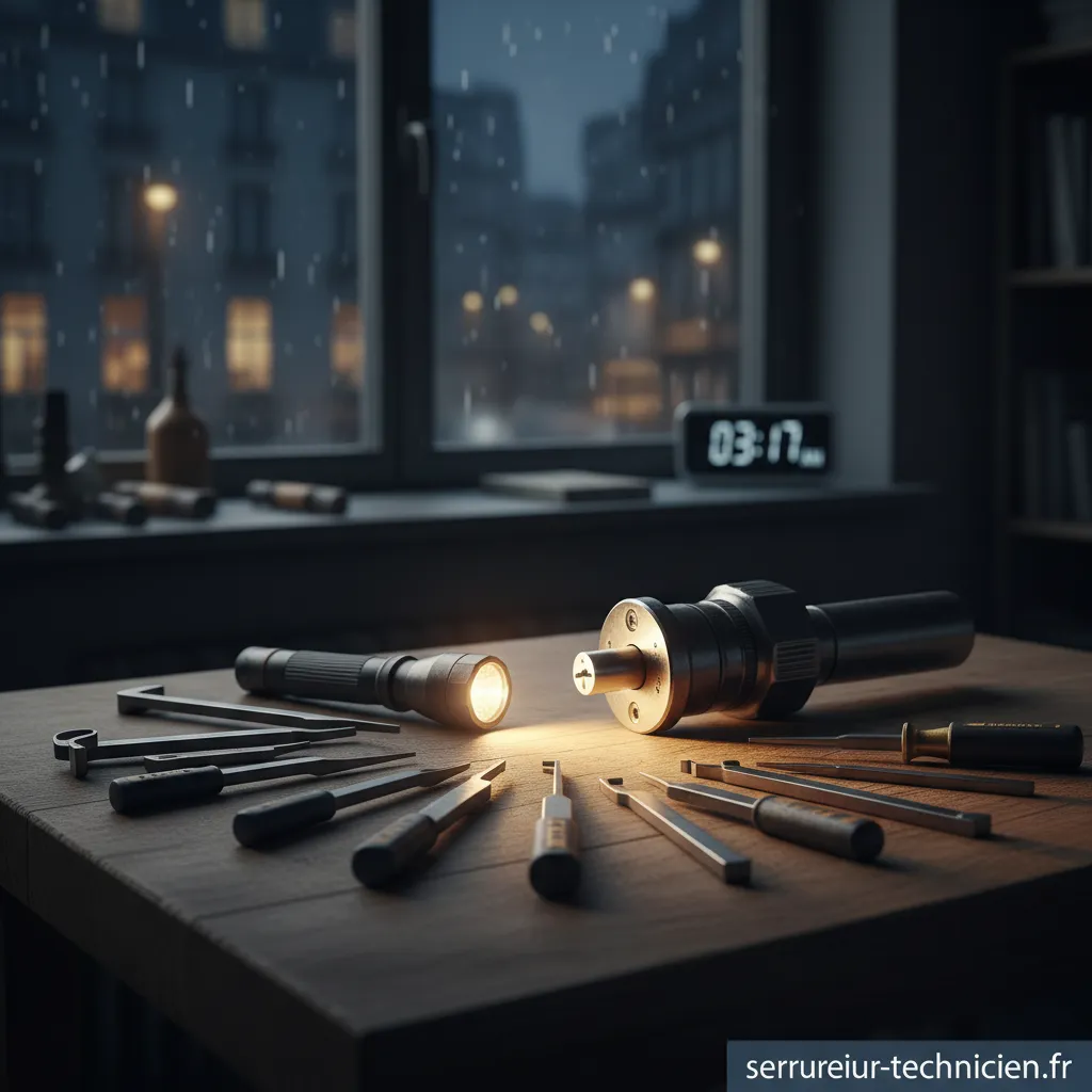 Serrurier effectuant un dépannage de nuit sur une porte d'entrée