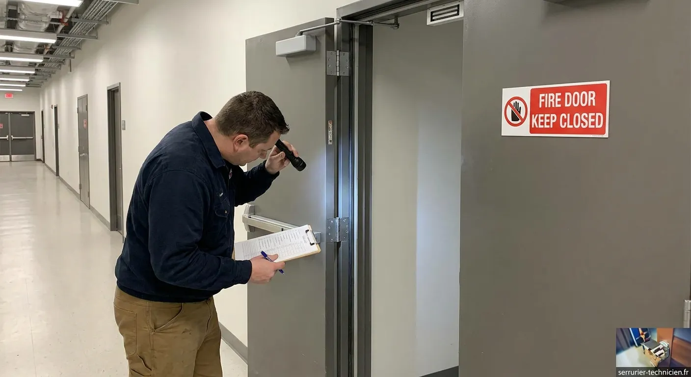 Vérification d'une porte coupe-feu par un technicien