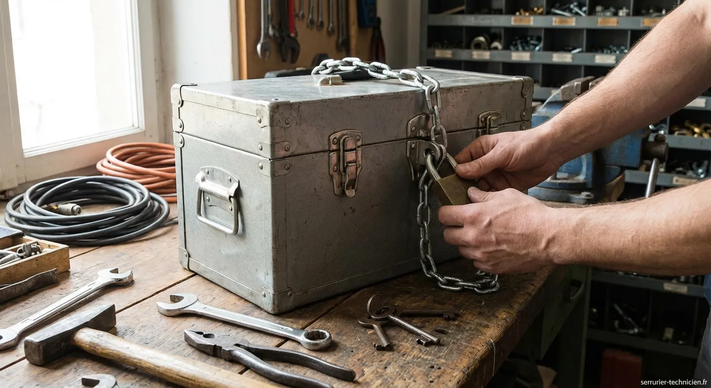 Système de verrouillage haute sécurité installé sur un coffre à ou.tools professionnel métal robuste